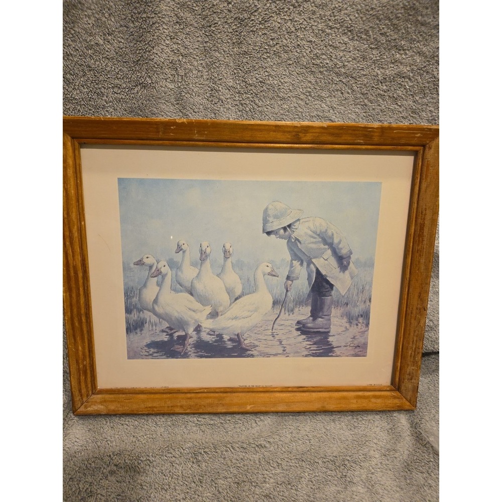Vintage Wooden Framed Sarnoff‎ Playing In The Rain with Geese Print 12.5x15.5"